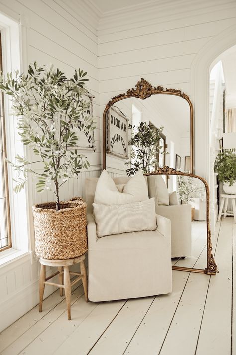 Get The Most Beautiful Mirror In The World For Free Mirror On Floor Living Room, Cozy White Cottage Bedroom, Antique Style Interior Design, Layer Mirror And Art, Arhaus Floor Mirror, Plant By Mirror, Decorate Floor Mirror, Beautiful Corners In The House, Floor Mirror In Living Room Ideas