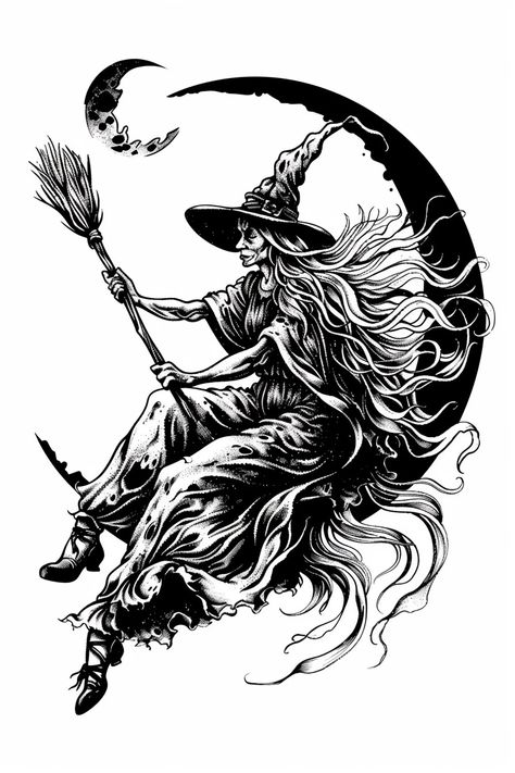 "Old Witch with Broom Flying on Moon" embodies mystique and magic in a BLACK INK tattoo design. This enchanting portrayal captures the allure of folklore, with the witch adorned in her hat and flowing hair against the moonlit sky. Experience the whimsy and wonder of the supernatural world with this captivating tattoo concept. 🌙🖤 #oldwitch #blackink #tattoo #design Incense Tattoo, Witches Hat Drawing, Wizard Tattoo Design, Crone Tattoo, Broom Flying, Black Ink Tattoo, Witch With Broom, Cool Skull Drawings, Ink Tattoo Design