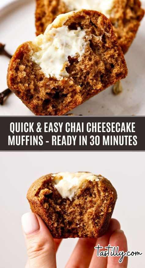 Chai Cheesecake Muffins are a combination of sweet, moist muffin bases packed with warm spices, and rich cream cheese filling. The recipe can be ready with no fuss in just 30 minutes. Chai lovers will definitely enjoy it! Chai Cheesecake, Muffins Savory, Cheesecake Muffins, Moist Muffins, Spice Muffins, How To Make Cheesecake, Muffin Batter, Chai Spice, Cream Cheese Filling