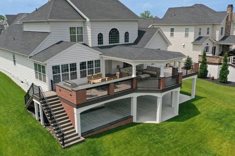 Tiered Decks And Patios, Deck Off Back Of House Second Floor, Big Deck Ideas, Two Story Deck Ideas, Deck With Patio Underneath, 2nd Floor Deck Ideas, Backyard Platform, Deck To Patio Transition, Covered Deck Ideas On A Budget