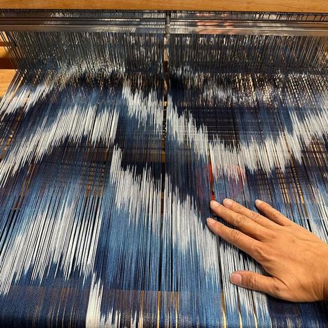 Christine Tsai on Instagram: "How many times did my hands touch this warp before it was finished? Hundreds probably. Winding the warp. Stretching, wrapping and Oops unwrapping and rewrapping ikat tape. Scouring and squeezing. Dipping into indigo, one, two, six times. Rinsing and swinging one, two, six times. Rinsing and rinsing. Unwrapping. Warping the loom (presleying, shifting, Oops reshifting and reshifting, tying and Oops untying and retying knots, threading, sleying, tying and Oops Textiles Projects, Wave Print, Threading, The Loom, Natural Dyes, Stretching, How Many, Hand Dyeing, Loom