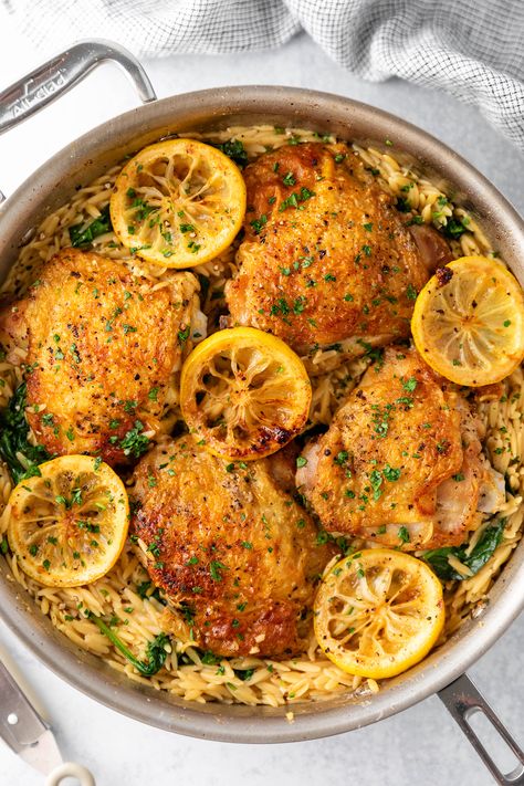 Chicken Thighs With Orzo, Cold Orzo Salad, Orzo Salad With Chicken, Orzo Salad Dressing, Orzo Salad Recipes Cold, Chicken Orzo Salad, Lemon Garlic Chicken Thighs, Lemon Orzo Salad, Lemon Chicken Thighs