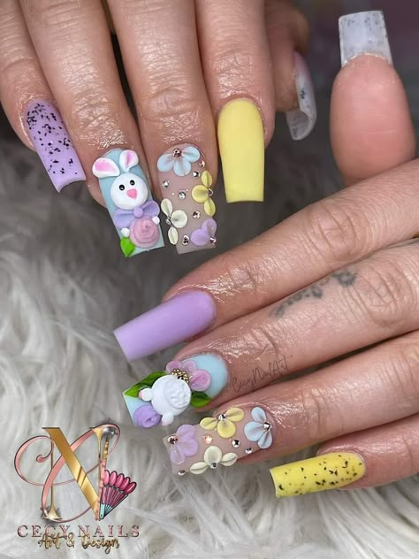 Spring Themed Acrylic Nails, Easter 3d Nails, Easter Acrylic Nails Designs Spring, Baddie Easter Nails, 3d Easter Nails, Easter Theme Nails, Easter Nail Designs 2024, Easter Nail Designs Acrylic, Easter Nails 2024