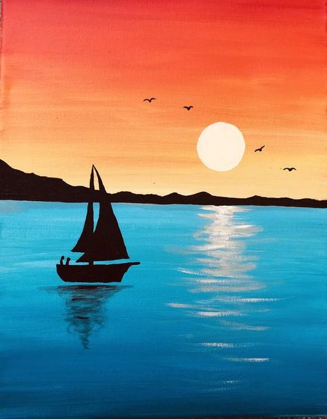 Sunset Art Painting, Sunset Painting Easy, Lukisan Landskap, Drawing Sunset, Sunset Canvas Painting, Arte Doodle, Abstract Art Painting Techniques, Scenery Paintings, Simple Canvas Paintings