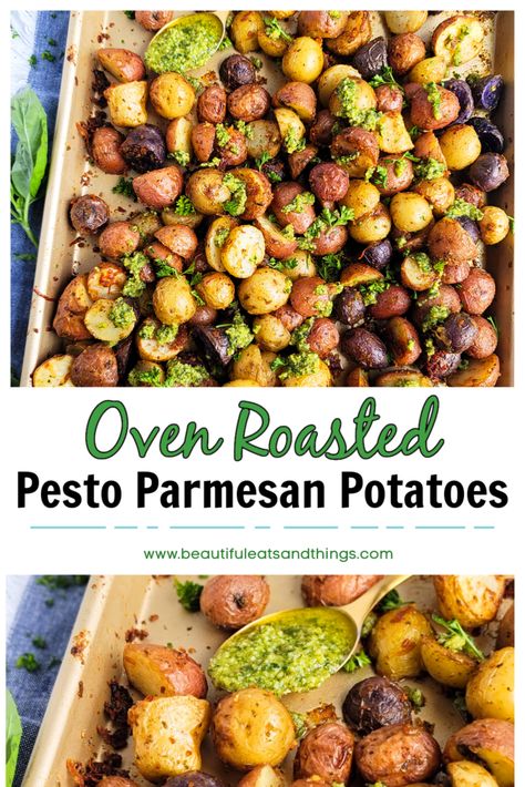 Oven Roasted Pesto Parmesan Potatoes Roasted Pesto Potatoes, Parmesan Pesto Roasted Potatoes, Pesto Potatoes Roasted, Pesto Recipes, Pesto Potatoes, Parmesan Potatoes, Veggie Meals, How To Make Pesto, Homemade Pesto