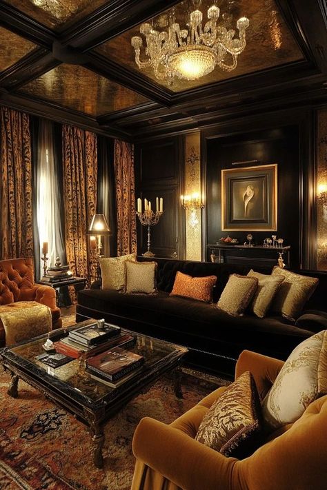 "Elevate your home with the charm of a Glamorous Living Room! 🛋️✨ Perfect for creating a sophisticated and stylish atmosphere. 🌟✨ #GlamLiving #LivingRoomDesign #LuxuryDecor" Moody Lake House, Dark Victorian Living Room, Glamour Living Room, Glam Apartment, Dark Wood Coffee Table, Modern Victorian Style, Dark Living Room Ideas, Fancy Living Rooms, Glamorous Living Room