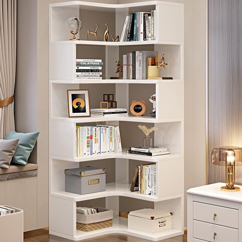 PRICES MAY VARY. Space-Saving Corner Bookshelf - Maximize your room's potential by utilizing those often overlooked corners. Our corner bookcase is specifically designed to fit seamlessly into these spaces, turning them into focal points of style and practicality. Say goodbye to wasted corners and hello to a new dimension of storage. 75.2" Tall Bookshelf - Standing tall at 75.2 inches, our solid wood bookshelf provides ample vertical storage for your books, decor, and more. The 6-tier design off Home Library Room, Library Room Design, House Room Design, Solid Wood Bookshelf, Home Library Rooms, Corner Bookshelf, Wood Bookshelf, Corner Bookshelves, Bookshelf Organization