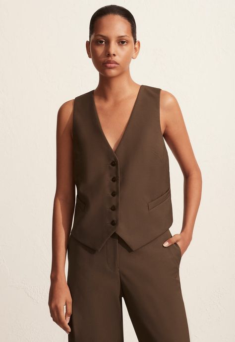 Waistcoat Outfit Women, Graduation Ceremony Outfit, Brown Waistcoat, Tailored Waistcoat, Waistcoat Outfit, Tailored Skirt, Plunge Top, Brown Fits, Plunge Dress