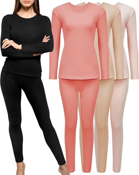 4 Pieces Fleece Lined Thermal Underwear Set for Women Long Johns Base Layer Winter Cold Weather Soft Warm Top Bottom Long Johns Women, Womens Fashions, Beachy Outfits, Base Layer Women, City Outfits, Long Johns, Winter Cold, Yoga Fashion, Outfits With Hats