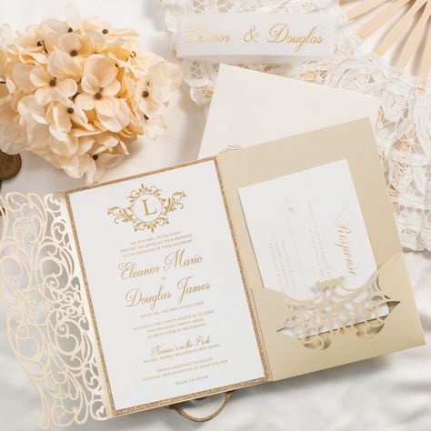 Card TypeDimensionCardstockPrinting MethodLaser Cut Wrap5.00 x 7.28 in (w x h)No.336 Glittering Black/Outer envelope5.24 x 7.48 in(w x h)No.168 Cream Shimmer/Printed invitation4.33x 6.69 in (w x h)No.339 WhiteFoil PrintingPaper Backer For Invitation4.72 x 7.09 in (w x h)No.G203 Glitter Rose Gold/Belly Band13.39 x 1.38 in (w x h)No.358 White Matte Vellum PaperFoil PrintingEnvelope for RSVP Card5.12 x 3.82 in (w x h)No.010 Ivory Shimmer/RSVP Card3.50 x 4.88 in (w x h)No.339 WhiteDigital printing Inexpensive Wedding Invitations, Monogram Wedding Invitations, Laser Cut Invitation, Gold Foil Wedding, Cream Wedding, Laser Cut Wedding, Laser Cut Wedding Invitations, Reception Card, Gold Wedding Invitations