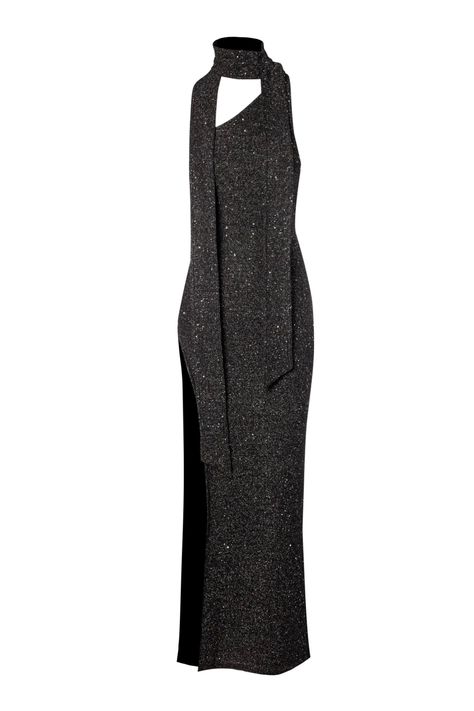 The Jennifer Dress in Charcoal Sequin by ASTA RESORT. An ankle-length, cold-shoulder dress with an elegant neck design and attached swing scarf. Close fitting with a mid-height leg split. Fully lined with a soft modal spandex, with main fabric knitted from a micro-sequin knit. Has stretch. Invisible side zip entry. Asta Resort, Fall Nyc, Jennifer Dress, Charcoal Dress, Leg Split, Wedding Attire Guest, Sequin Maxi, Sequin Maxi Dress, Scarf Dress