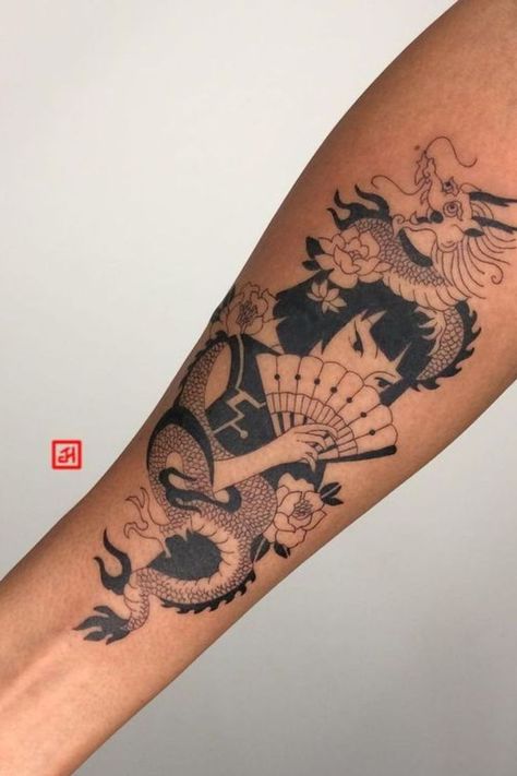 Chinese Style Sleeve Tattoo, Chinese Traditional Tattoo Design, Chinese Dragon Tattoos Forearm, Small Japanese Dragon Tattoo, Asian Inspired Tattoos For Women, Chinese Arm Tattoo, Japanese Tattoo Forearm, Japanese Patchwork Tattoo, Chinese Inspired Tattoos