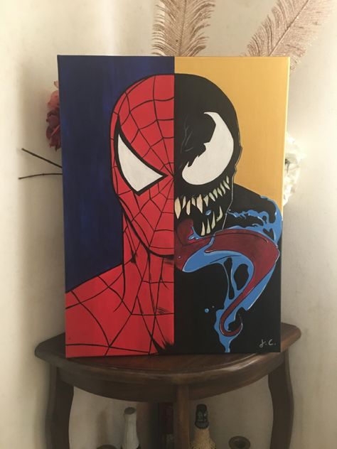 Spiderman Art Canvas, Spiderman And Venom Painting, Black Spiderman Painting, Spider Man Acrylic Painting, Venom Canvas Painting, Guy Painting Ideas, Spider Man Canvas Painting, Painting Ideas Marvel, Painting Ideas Spiderman