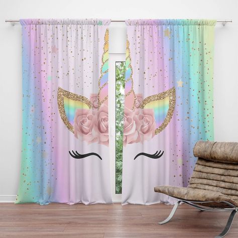 PRICES MAY VARY. HIGH QUALITY MATERIAL: The unicorn blackout curtain is made of high quality silk satin polyester blend, using thickened fabric,elegant appearance and smooth touch! First level shading 90%, heat insulation and light blocking, soft skin friendly, curtain hanging feeling good. SIZE: 6 sizes are provided which are 52"x54"/52"x63"/52"x72"/52"x84"/52"x95"/52"x108" of one unicorn curtain panel for you to choose. And it is including 2 panels curtains in one package. EASY TO HANG: The ro Unicorn Themed Bedroom, Blackout Curtains Living Room, Windows Curtains, Unicorn Bedroom Decor, Rainbow Bedroom, Unicorn Room Decor, Unicorn Cartoon, Unicorn Room, Unicorn Bedroom