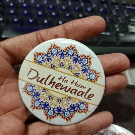 Customized wedding badges✨ What'sapp 9679727880 to place your orders! #wedding #weddingbadge #customizedbadge #badges #brooches Wedding Badges, Wedding Brooches, Bridal Gift Wrapping Ideas, Mehndi Decor, Cute Diy Room Decor, Wedding Crafts Diy, Gift Inspo, Latest Mehndi Designs, Wedding Pins