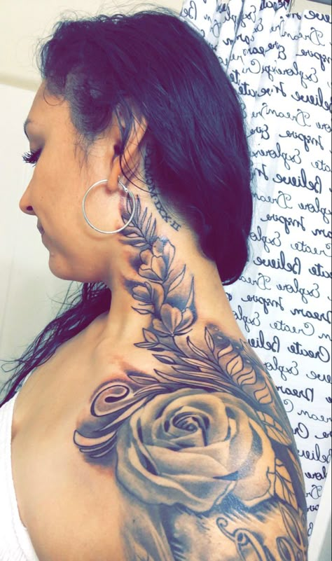 Animal Shoulder Tattoos For Women, Neck To Back Tattoos Women, Side Neck Tattoos Women Ideas Flower, Woman Neck Tattoo Side, Shoulder And Neck Tattoo, Neck To Shoulder Tattoo, Neck Flower Tattoo, Shoulder Tats For Women, Womens Neck Tattoos