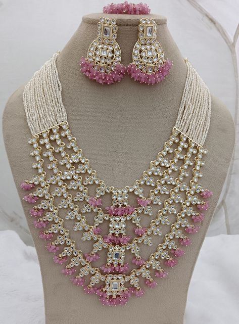 3 layers long Necklace set/Designer necklace set/Pink color set/Victorian Necklace/Long kundan necklace/Pearls set/sabyasachi jewelry sets Elegant Long Kundan Necklace For Wedding, Elegant Gold Kundan Long Necklace, Elegant Long Beaded Kundan Necklace, Luxury Elegant Pink Kundan Necklace, Elegant Pink Kundan Necklace, Hand Set, Victorian Necklace, Sabyasachi Jewellery, Indian Necklace, Gold Long Necklace