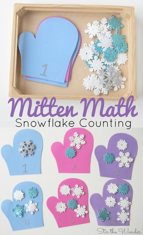 Mitten Math Snowflake Counting Activity for Preschoolers is a simple winter themed number recognition and counting activity! Mitten Art Preschool, Fine Motor Activities For Preschoolers Winter, Winter Outside Activities For Kids, December Kindergarten Centers, Winter Preschool Themes, Counting Activities For Preschoolers, Preschool Winter, Activity For Preschoolers, Winter Activities Preschool