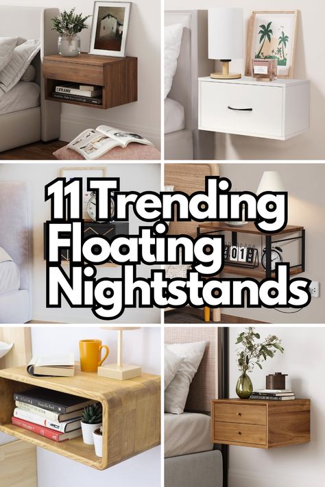 Transform your bedroom with these 11 trending floating nightstands! Perfect for small spaces and clutter-free living, these stylish options blend functionality and modern design. From rustic wood to sleek minimalist styles, each nightstand adds charm and clever storage without taking up floor space. Click to explore the best floating nightstands that combine practicality and elegance for your bedroom! Bed Side Shelf Floating Nightstand, Nightstands Small Bedroom, Space Saving Side Tables Bedroom, Minimal Bedside Table Design, Hanging Side Tables Bedroom, Night Stand Minimalist, Nightstand For Small Space, Nightstand Alternative Small Spaces, Beside Table Aesthetic