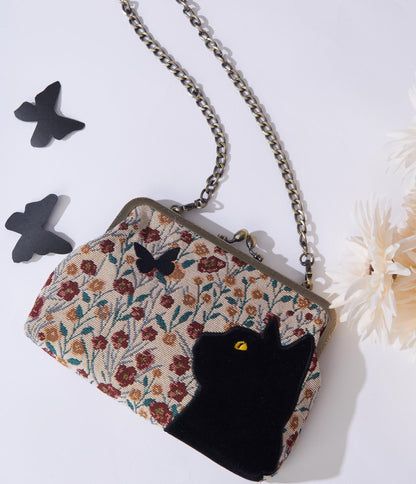 Floral Black Cat Handbag Black Cat And Butterfly, Cat And Butterfly, Cat Handbags, Rainbow Sunglasses, Spring Floral Prints, Fred Segal, Collarless Shirt, Floral Handbags, Party Mix