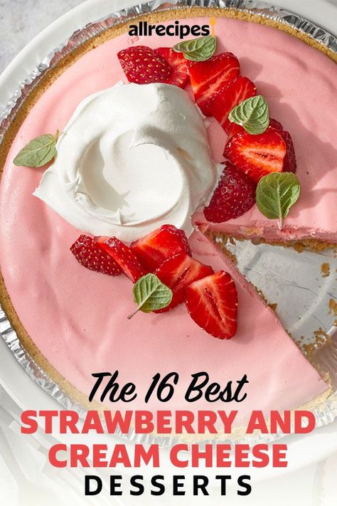 Strawberries And Cream Cheese Recipes, Strawberry Jello Cream Cheese Dessert, Strawberry Cream Cheese Pie No Bake, Strawberry And Cream Cheese Desserts, Strawberry Cream Cheese Recipes, No Bake Cheesecake With Cool Whip, Strawberry Desserts With Cream Cheese, Fresh Strawberries Dessert, Strawberry Cheesecake Recipe Easy