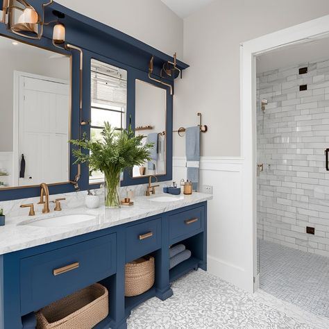 Master bathroom goals ✨️ Blue Master Bath, Navy Bathroom, Blue Bathroom Decor, Blue Vanity, Floor Bathroom, Diy Valentines Decorations, Valentines Decorations, Bathroom Goals, Boys Bathroom