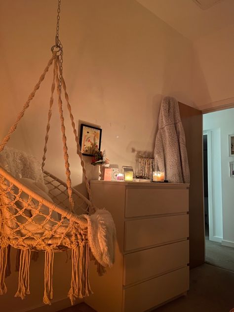 Hanging Chair Room Ideas, Hang Chair In Bedroom, Hanging Chair In Small Bedroom, Reading Nook Hanging Chair, Hanging Chairs Indoor, Small Hanging Chair In Bedroom, Chair Hammock In Bedroom, Cozy Hanging Chair, Swings Bedroom