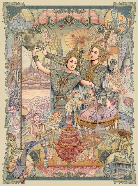 Thai Aesthetic, Thai Airways, Thailand Art, Thai Pattern, Thai Art, Traditional Paintings, Behance Net, Asian Art, Traditional Art