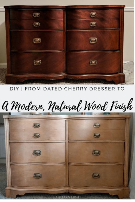 Cherry Dresser Makeover to Natural Wood Finish Sanding A Dresser, Cherry Wood Makeover, Different Stains On Cherry Wood, Lighten Cherry Wood Furniture, Whitewashing Cherry Furniture, Natural Finish Furniture, Limewash Dresser, Stains On Cherry Wood, Bleached Cherry Wood Furniture