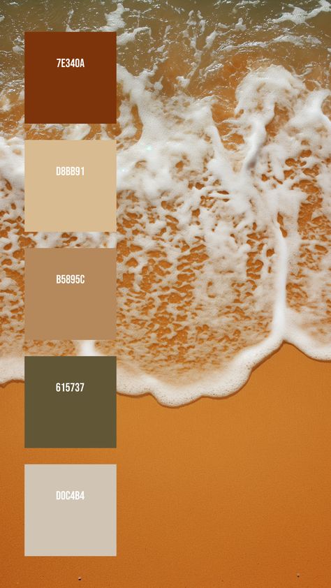 Colors: 7E340A ° D8BB91 ° B5895C ° 615737 ° D0C4B4 Sandy Color Palette, Sand Color Palette, Ocean Color Palette, Color Palets, Disney Minimalist, Choppy Water, Muted Yellow, Colour Pallets, Palette Design