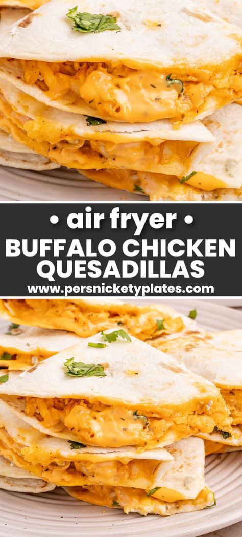 Air fryer Buffalo chicken quesadillas are made with shredded chicken smothered in tangy, spicy, buffalo sauce and cool creamy ranch dressing stuffed in a tortilla shell along with cheddar and blue cheese. They’re folded and air fried until crispy golden brown on the outside and melty, saucy, and delicious on the inside! Easy Air Fryer Quesadilla, Buffalo Chicken Quesadilla Air Fryer, Shredded Chicken Recipes Air Fryer, Air Fryer Chicken Quesadilla Recipes, Buffalo Chicken Quesadilla Easy, Chicken Quesadillas Air Fryer, Air Fryer Chicken Quesadilla, Buffalo Chicken Wraps Air Fryer, Tortilla Air Fryer Recipes