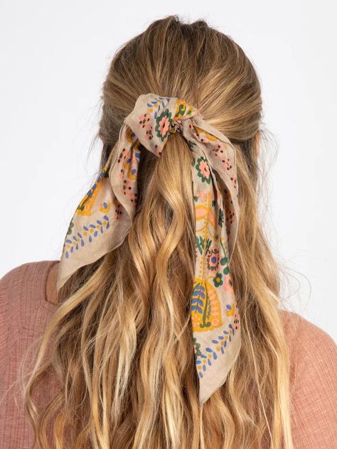 This Bandana Scrunchie will add a fun, boho print to your hair AND it comes with a matching scarf so you can style it seven different ways! Wear this 2-piece set together in a ponytail or bun, or opt to wear them separately! Use the scrunchie for a half up, half down hairstyle then accessorize your bag with the scarf! You'll love discovering all of the ways you can wear this Bandana Scrunchie in this mandala design. Half Up Half Down With Bandana, Boho Hairstyles With Scarf, Bandana Bow Hairstyles, Cute But Messy Hairstyles, Half Up Half Down With Scarf, Hair Up With Scarf, Boho Bandana Hairstyles, Bandana Hairstyles Ponytail, Cool Hair Accessories