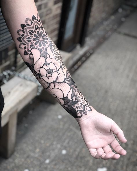 Added a peony and some mandalas around an existing tattoo on toms arm yesterday. Wraps all the way round and comes up over the elbow ditch.… Peony Mandala Tattoo Sleeve, Arm Ditch Tattoo, March Tattoo, Flower Mandala Tattoo, Simbols Tattoo, Kali Tattoo, Floral Mandala Tattoo, Mandala Tattoo Sleeve, Forearm Flower Tattoo