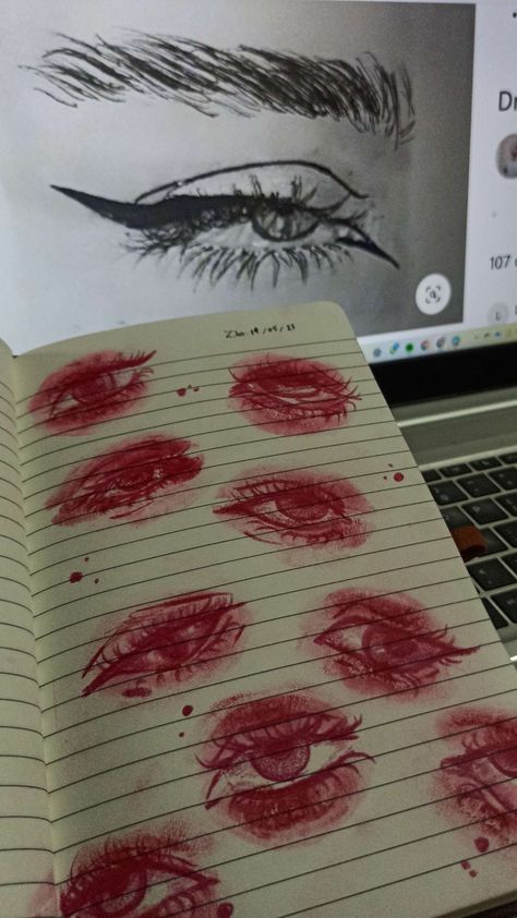 Art With Makeup On Paper, Drawing With Makeup On Paper, Kiss Eyes Drawing, Lipstick Kiss Art, Kiss Art, Eye Sketch, Lipstick Art, Art Drawings Sketches Pencil, Aesthetic Eyes