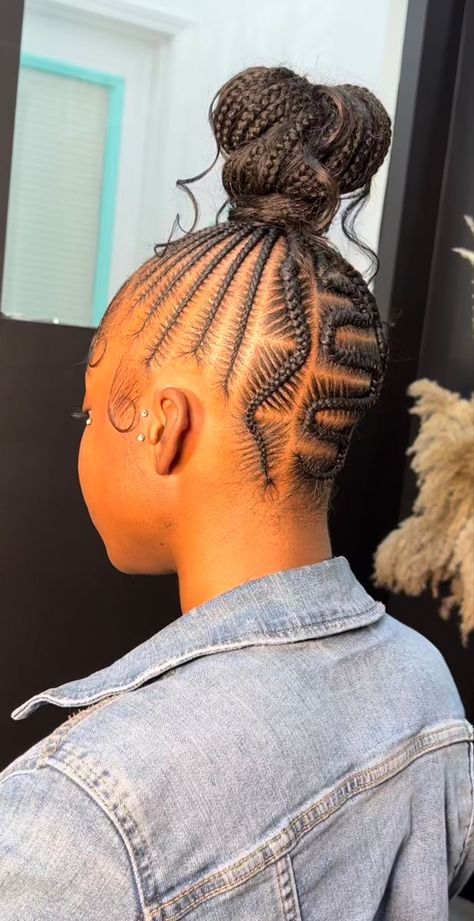 High Ponytail Cornrows With Curls, Sitch Braids For Black Women, Boho Stitch Braids Bun, Braided Into A Bun, High Ponytail Cornrows, Braided Hairstyles Ponytail, Braids In A Ponytail, Lemonade Braids Hairstyles, Braided Hairstyles For Black Women Cornrows