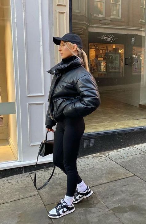 Tights And Puffer Jacket Outfit, Puffy Leather Jacket, Puffy Leather Jacket Outfit, Trendy Hooded Puffer Jacket, Black Leather Puffer Jacket Outfit, Black Cropped Puffer Jacket Outfit, Cropped Puffer Outfit, Puffed Jacket Outfit, How To Style A Puffer Jacket