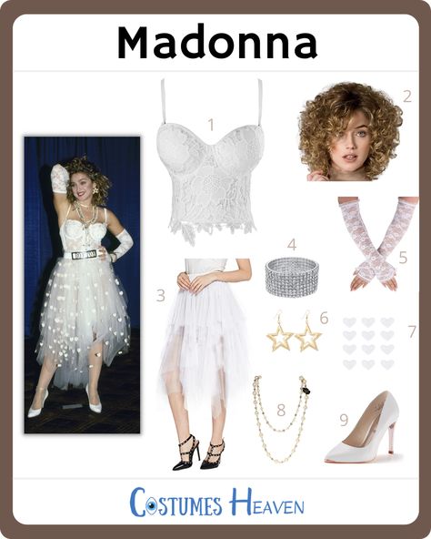 Madonna Express Yourself Costume, Madonna Costume Like A Virgin, 1980s Glamour Fashion, Madonna Bachelorette Party, Madonna Iconic Looks 80s, Diy Madonna Costume 80s Party, Madona Outfit 80s Costume, Madonna Outfits Costumes, Madonna Costume Ideas