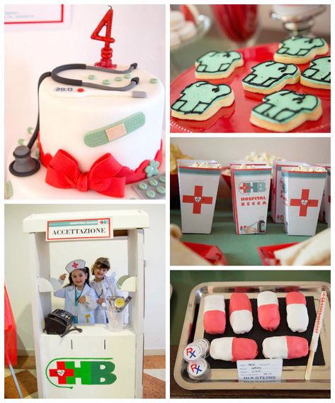 Doctor Themed Birthday Party via Kara's Party Ideas | KarasPartyIdeas.com (1) Hospital Birthday Party Ideas, Doctor Themed Snacks, First Aid Themed Snacks, Vet Clinic Birthday Party, Doctor Themed Party, Veterinarian Party Ideas, Veterinarian Birthday Party Kids, Birthday Cake Doctor, Doctor Attire