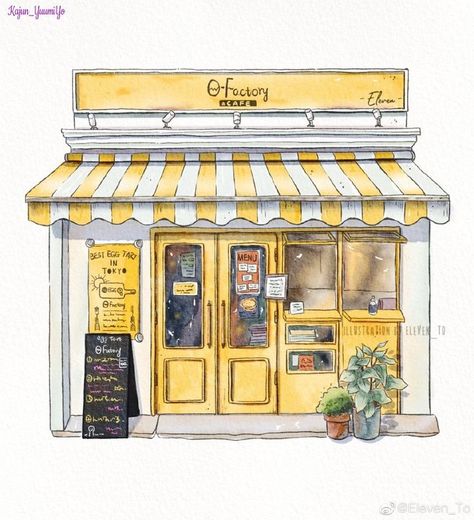 Building Illustration Watercolor, Plant Shop Drawing, Store Illustration Shop, Storefront Sketch, Cafe Shop Drawing, Watercolor Art Buildings, Building Illustration Sketch, Sketchbook Buildings, Watercolor Art Architecture