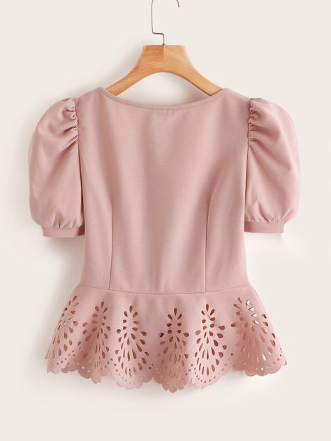 Button Front Puff Sleeve Laser Cut Hem Blouse | SHEIN Girls Top Design, Peplum Tops, Hem Blouse, Fashion Tops Blouse, Trendy Fashion Tops, Stylish Dresses For Girls, Designs For Dresses, Puff Sleeve Top, Girls Fashion Clothes