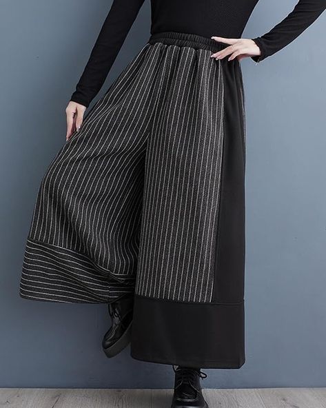 ellazhu Women's Elastic Waist Wide Leg Stripe and Solid Color Patchwork Harem Pants GZ141 at Amazon Women’s Clothing store Adventure Outfit, Spring Fabric, Colored Pants, Loose Pants, Pair Of Pants, Amazon Women, Black Stripes, Leg Pants, New Black