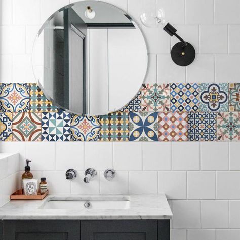 Feel in your bathroom like it was a holiday in Portugal! #tiledecals #tiledesign #walldecor #bathroom #bathroomideas #bathroomdecor #mandalas #talavera #flok #floklore #interiors #interiores Portuguese Tiles Bathroom, Talavera Bathroom, Spanish Tiles, Portuguese Tile, Portuguese Tiles, Tile Decals, Spanish Tile, Living Art, Adhesive Tiles