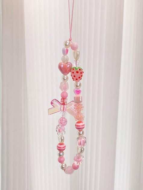 Heart Beaded Phone Lanyard | SHEIN USA Lanyard Aesthetic, Beaded Phone Lanyard, Desain Quilling, Strawberry Charm, Knots Diy, Phone Straps, Diy Bracelets Patterns, Phone Lanyard, Phone Charms