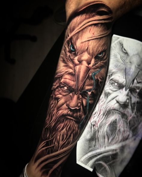 Odin 🙏🏽🔥 . . #blackandgreytattoo #realism #tattoo #tattooart #ink #inked Viking Realism Tattoo, Odin Tattoo, God Tattoos, Viking Tattoos, Realism Tattoo, Black And Grey Tattoos, Realism, Vikings, Art Tattoo