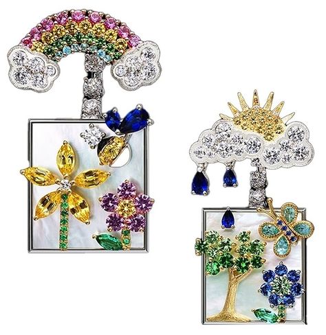 Multi-gem earrings with mother-of-pearl from "Les Jardins de la Couture” by Victoire de Castellane/Dior Couture Earrings, Jewelry Sketch, Victoire De Castellane, Lucio Fontana, Ear Pins, Jewellery Sketches, Gem Earrings, Contemporary Jewelry, High Jewelry