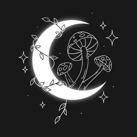 Shroom Moon - Mushroom - T-Shirt | TeePublic Cute Mushroom Art Drawing, Cute Mushroom Design, Moon Mushroom Tattoo, Aesthetic Moon Drawing, Dark Mushroom Aesthetic, Aesthetic Mushroom Art, Shrooms Aesthetic, Moon Drawings Aesthetic, Moon Aesthetic Art