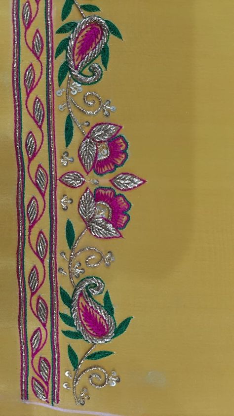 Amrodri Work Designs, Hand Border Aari Work Designs, Hand Work Border Design, Aari Borders Design, Aari Work Border Designs, Hand Work Zardosi Border, Zari Work Embroidery Design Suits, New Hand Work Designs, Zari Work Embroidery