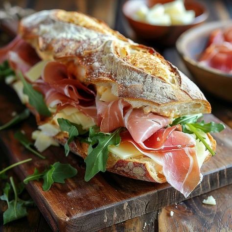 Yummy Cafe Food, Baked Cheese Sandwich, Prosciutto Baguette Sandwiches, Brie Prosciutto Sandwich, Brie Cheese Toast, Fresh Sandwich Ideas, Prosciutto Baguette, Baguette Sandwich Recipes, Baguette Sandwich Ideas