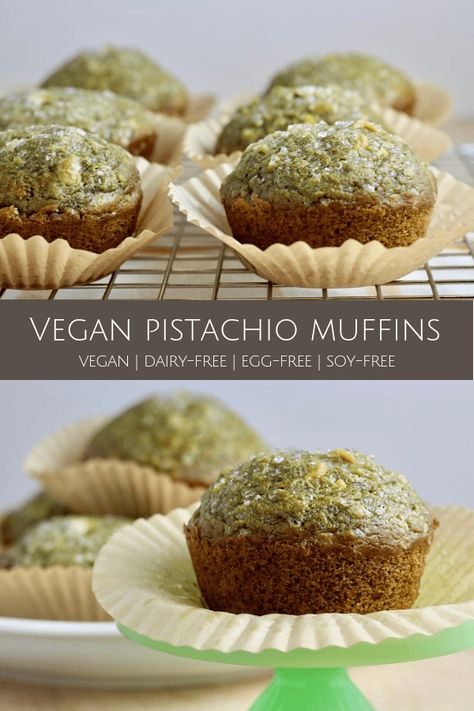 vegan pistachio muffins #dairyfree #veganrecipe #vegan #soyfree #eggfree #dyefree #muffins #pistachios Pistachio Muffin, Vegan Pistachio, Pistachio Muffins, Dairy Free Recipes Dessert, Vegan Tips, Dream Cafe, Muffins Vegan, Vegan Breakfasts, Vegan Muffins