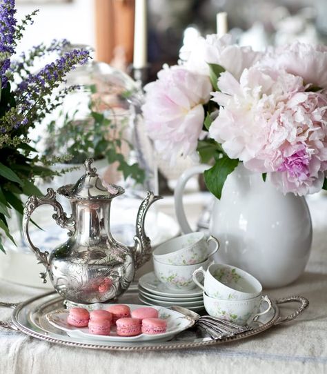 Decorating with Teapots and so much more Country French Decor Ideas | Cedar Hill Farmhouse #countryfrench How To Display Silver Tea Service, Tea Pot Table Design, Silver Tea Pot Centerpieces, Teapot Table Centerpieces, Tea Pot Display Ideas, Decorating With Teapots, Tea Cup Display Ideas, Silver Tea Set Display, Tea Set Display